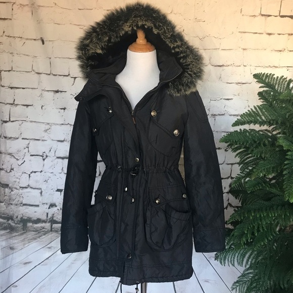 Laundry By Shelli Segal Black Fox Fur Trim hooded Parka Jacket Coat size small - Picture 4 of 10